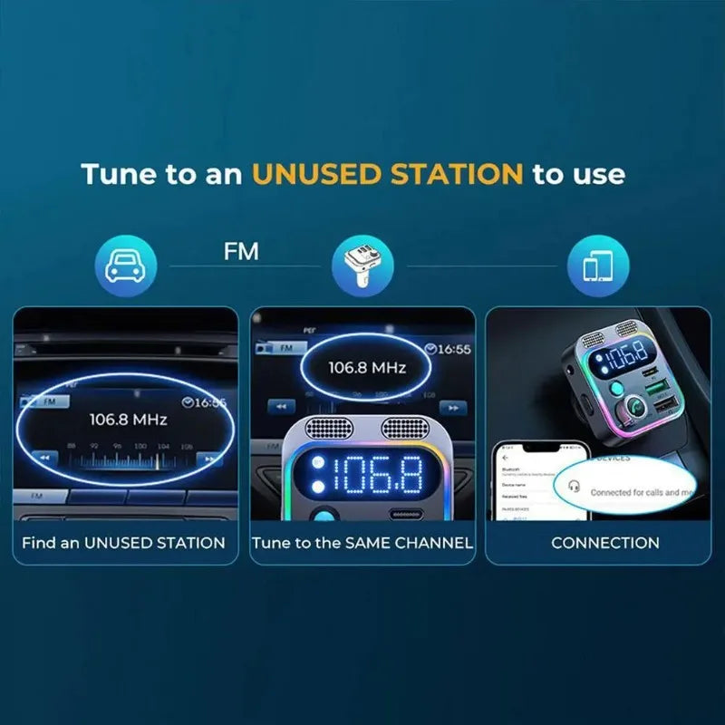 Bluetooth 5.3 Car FM Transmitter – 250W Fast Charging Adapter with 4 USB Ports & Type-C PD